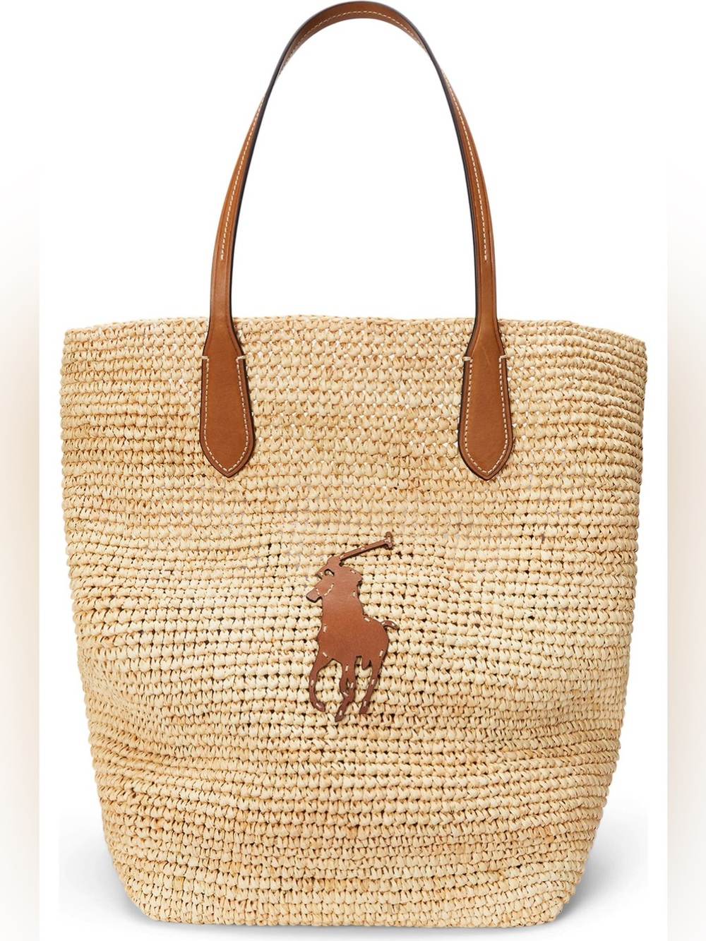 Polo Ralph Lauren Large Raffia Tote Leather Pony Natural Cuoio + Clutch